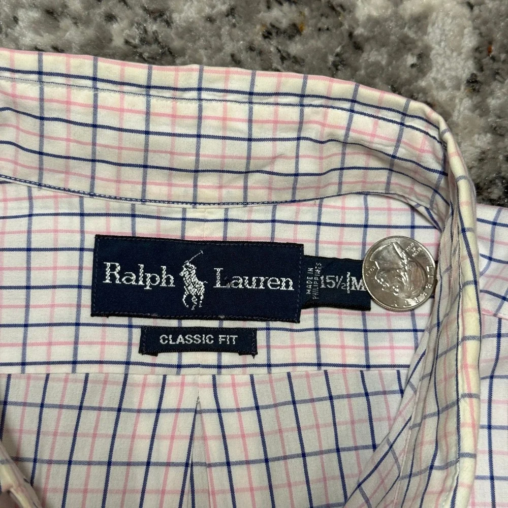 Ralph Lauren Mens Classic Fit Button Down Shirt Pink Navy 15.5 M - Picture 2 of 5